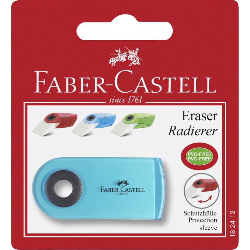 Faber-Castell radír SLEEVE mini színes műanyag tartóban bliszterben (piros,kék,türkiz)