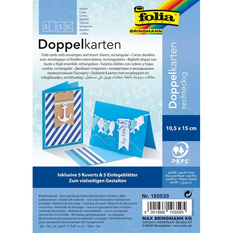 Folia meghívókártya 10,5x15cm 220g 5db+boríték pacifik kék