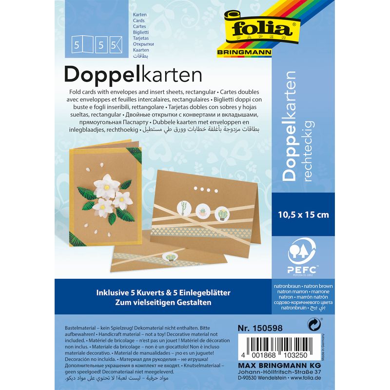 Folia meghívókártya 10,5x15cm 220g 5db+boríték nátron barna
