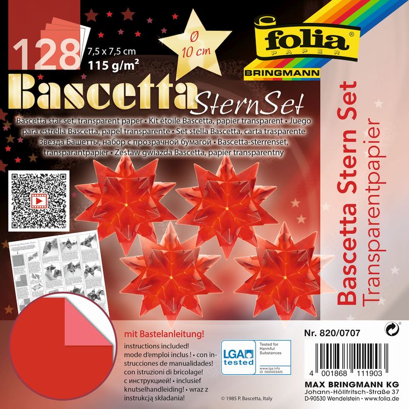 Folia csillagkészítő transzparens papír 115gr 128ív 7,5x7,5cm PIROS