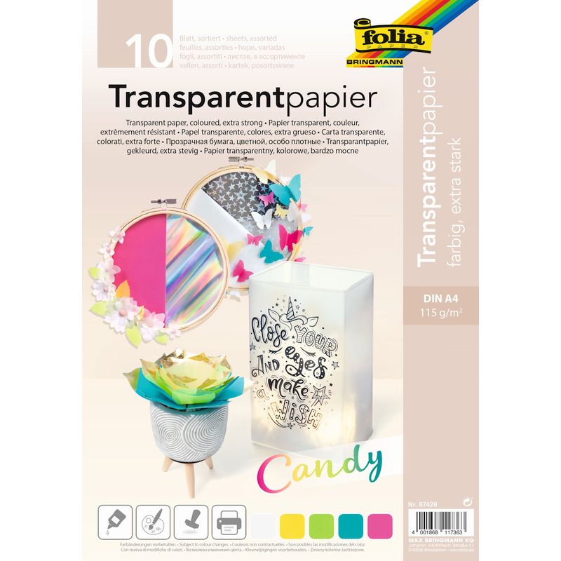 Folia színes transzparens papír A/4 115gr 10ív 5klf.szín extra erős 