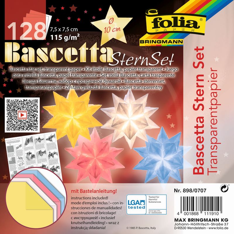 Folia csillagkészítő transzparens papír 115gr 128ív 7,5x7,5cm vegyes szín